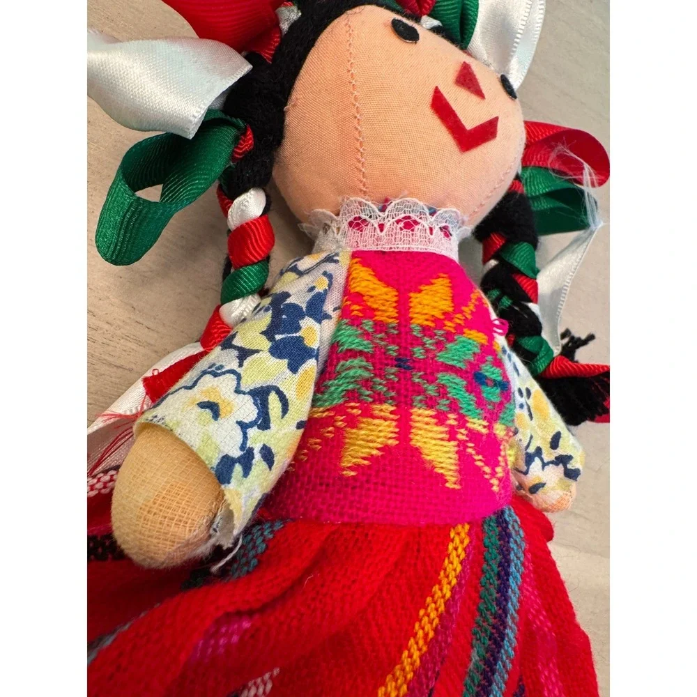 Handmade Mexican Maria Otomi Rag Doll Muneca Lele Ribbon Braids Embroidered